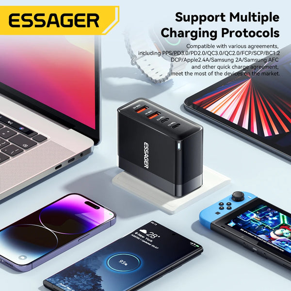 ឆ្នាំងសាក Essager 100W USB Type C ឆ្នាំងសាក 65W PD Quick Charge 4.0 3.0 Type-C សាកលឿនសម្រាប់ iPhone 16 15 14 13 Pro Xiaomi Macbook Laptop
