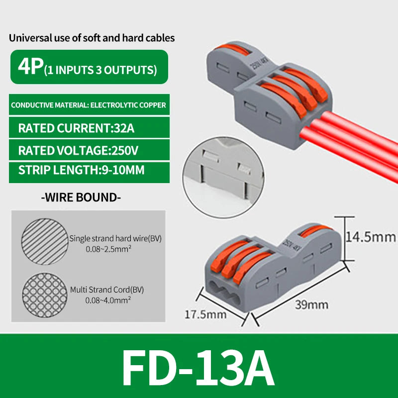 10/1000PCS Mini Quick Wiring Connector Universal Splitter wiring cable Push-in Combined Butt Terminal Block 1 in 2/3 out 32A SPL