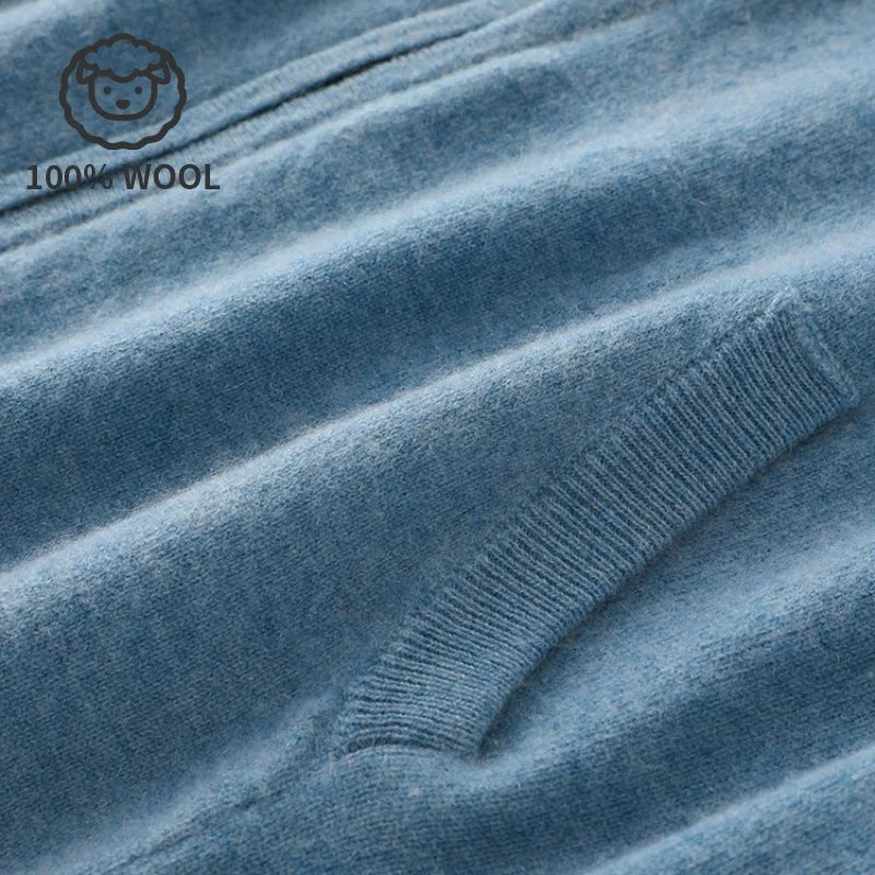 100% Wool  Men's Zip-Up Hooded Sweater, Soft Knit with Pockets, Ideal for Fall and Winter Daily Commute