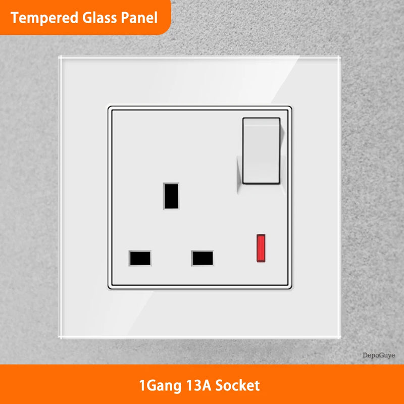 White Universal UK 13A Socket with USB Type-C 18W Fast Charging Wall Socket,Tempered Glass Button Light Switch,Dual 3pin Socket