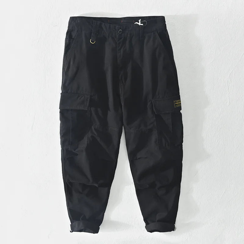 Spring Autumn Cargo 100% Cotton Multi-Pockets Pants for Men Loose Vintage Casual Trouser AZ392