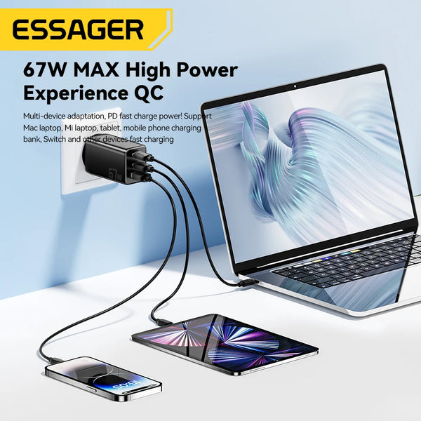 Essager 67W GaN USB Type C Charger PPS 65W Fast Charge For Samsung QC 4.0 PD 3.0 iPhone 17 16 15 Pro Huawei Phone Laptop Chagers