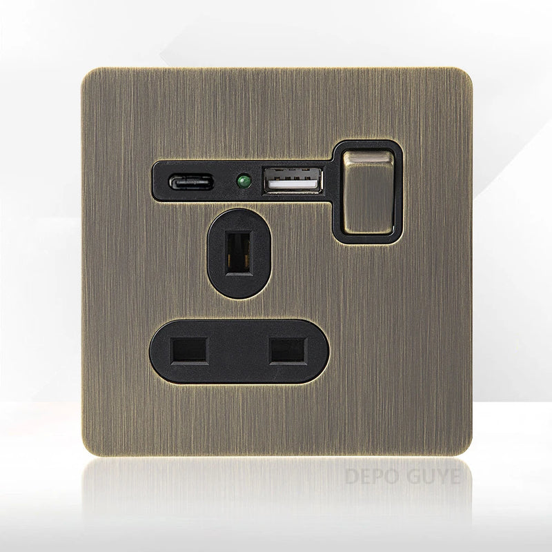 Retro Metal Brushed Antique Stainless Steel Push Button Switch Panel UK 13A Socket with USB Phone Charging for Home Improvement