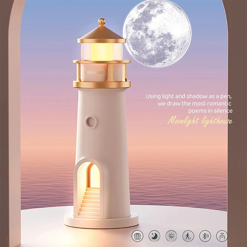 Lighthouse Ambient Light Moon Projection Night Lights Remote Control Bluetooth Music Motion Sensor Creative Desktop Decor Gifts