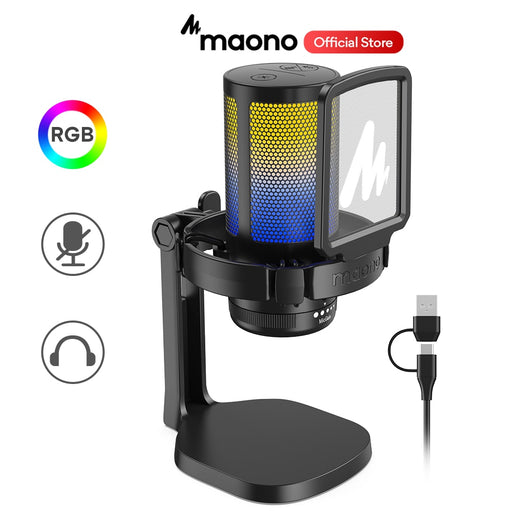 Maono DM20 RGB Gaming Microphone USB Condenser Mic Noise Canceling Mic With Mic Gain,RGB Light,One Key Mute DM20-Black