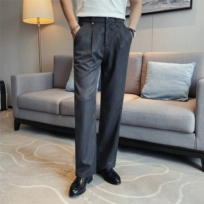 Men's Elastic Waist Straight-Leg Striped Trousers Slimming Herringbone Texture Dress Pants with Natural Drape Wrinkle Resistance