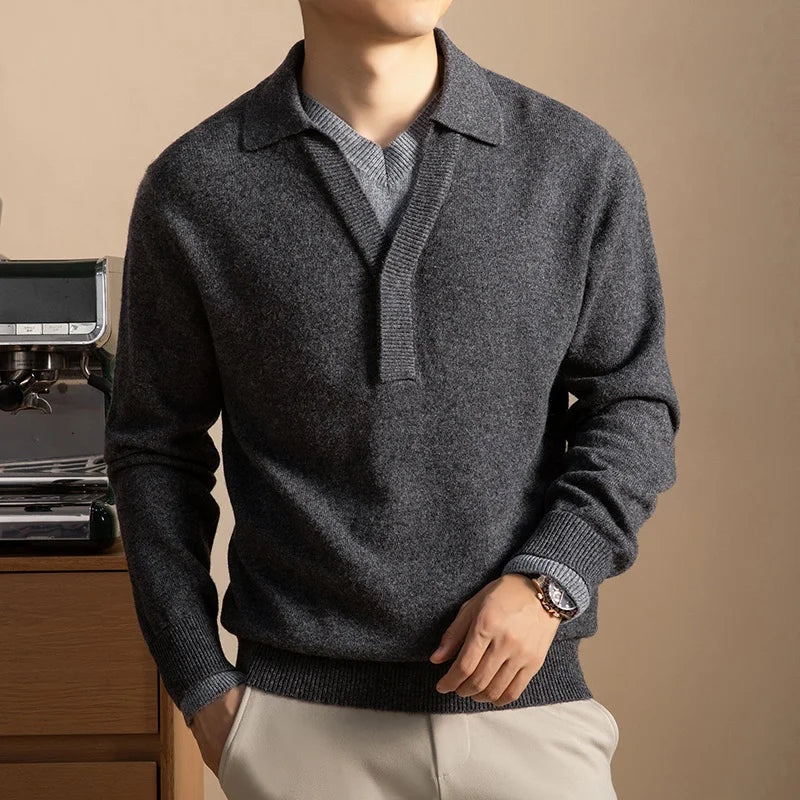 Men's Faux Two-Layer Sweater, 100% Wool 500g, Turn-Down Collar, Old Money Loose Fit Gold Standard Craft