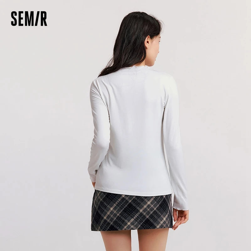 Semir Women Tshirt Thermal Warmth Antibacterial Fabric Slim Fit Solid Color Everyday Style Ruffle Detail Layering Essential