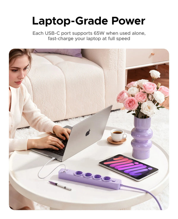 ORICO EU SlimBar Series Multiple GaN 65W Desktop Power Strip Type C USB-A PD Fast Charging 4 AC Outlet Socket 2M Extension Cord
