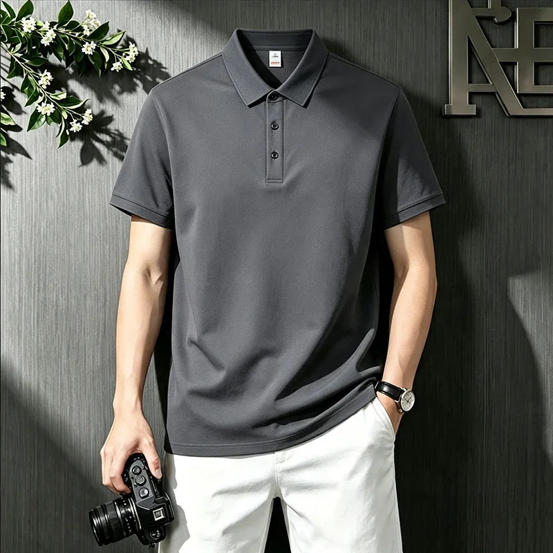 Loose Fit Short Sleeve Solid Polo For Males Turn Down Collar Button Placket Streetwear Simple Casual Wear Top