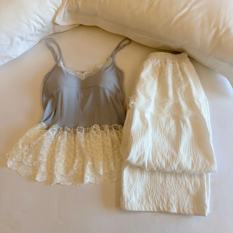 Thin Women's Pajamas Chest Pad Sleeveless Tops and Long Pants Sleepwear 2 Piece Home Clothes Comfortable Loungewear Pijama Suit