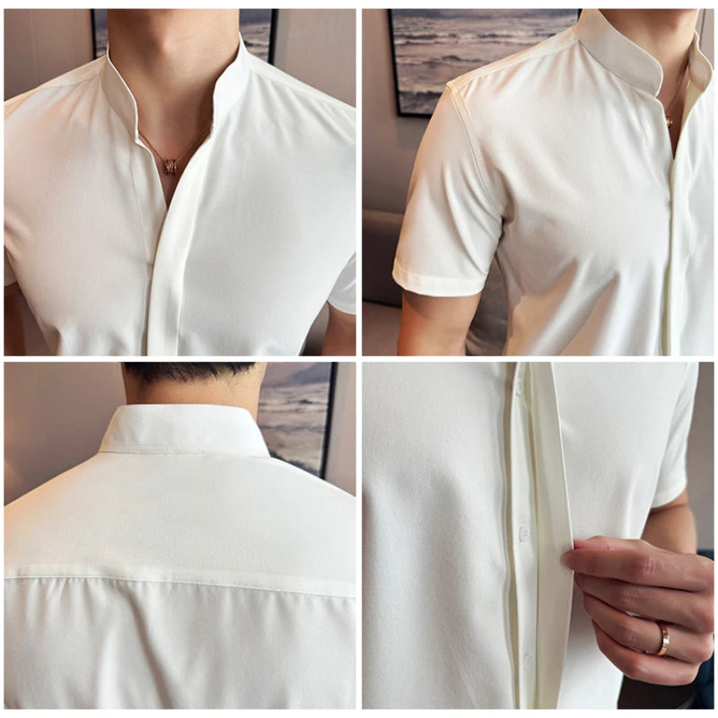 Stand Collar Short-Sleeved Shirt, Men's High-Grade White V-Collar Shirt, Drape Stretch Fashion V-neck Shirt, Business Office