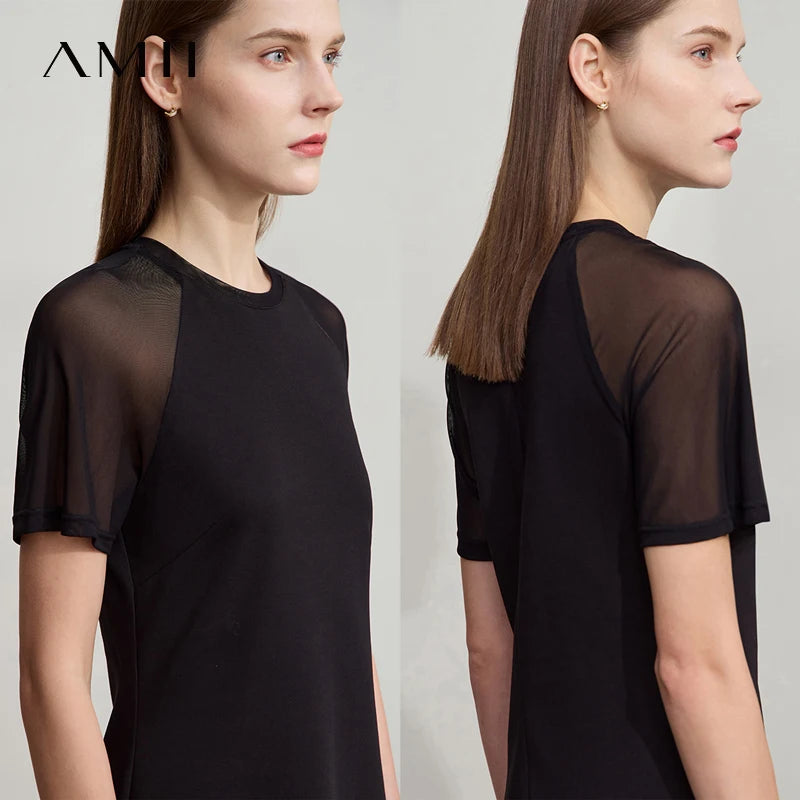 AMII Casual Slim Dress 2026 Summer Office Lady Elegant O Neck See Through Shoulder Sleeve Stretch Knitted Black Dresses 12542079