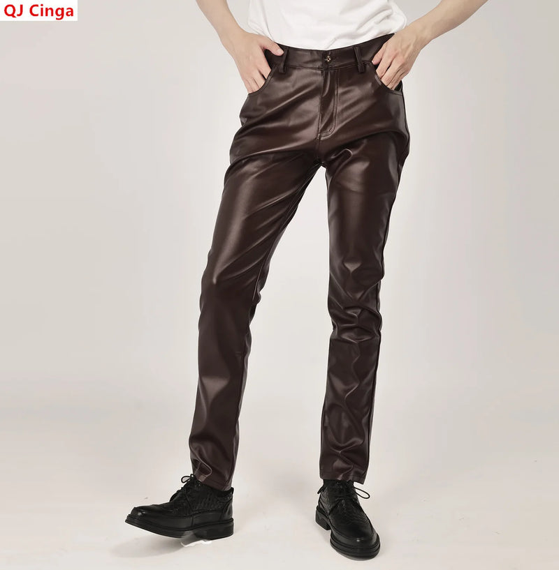 New Fall Collection: Men's Purple PU Pants—Fitted Faux Leather Motorcycle Trousers Available in Black,Blue,Green,Red,Gray,Khaki.