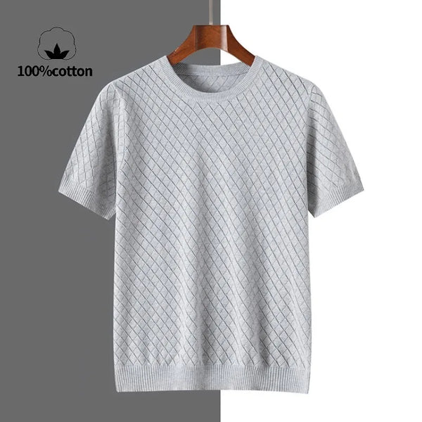 Men's 100% Cotton Short Sleeve T-Shirt with Diamond Knit Texture – Breathable Crew Neck Casual Top