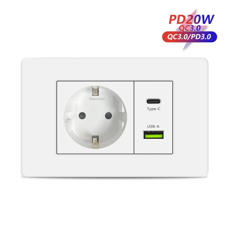 EU Korea Power Plug with 16A Usb Wall Socket,Electric 2Way Light Switch Panel,Universal USB Type-C 20W Fast Charging Outlet 220V