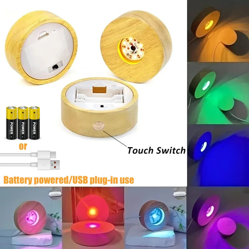 8cm Wooden LED Light with USB Plug in Display Base Round Wooden Stand Battery Powered 3D Resin Art Crystal Glass Holder