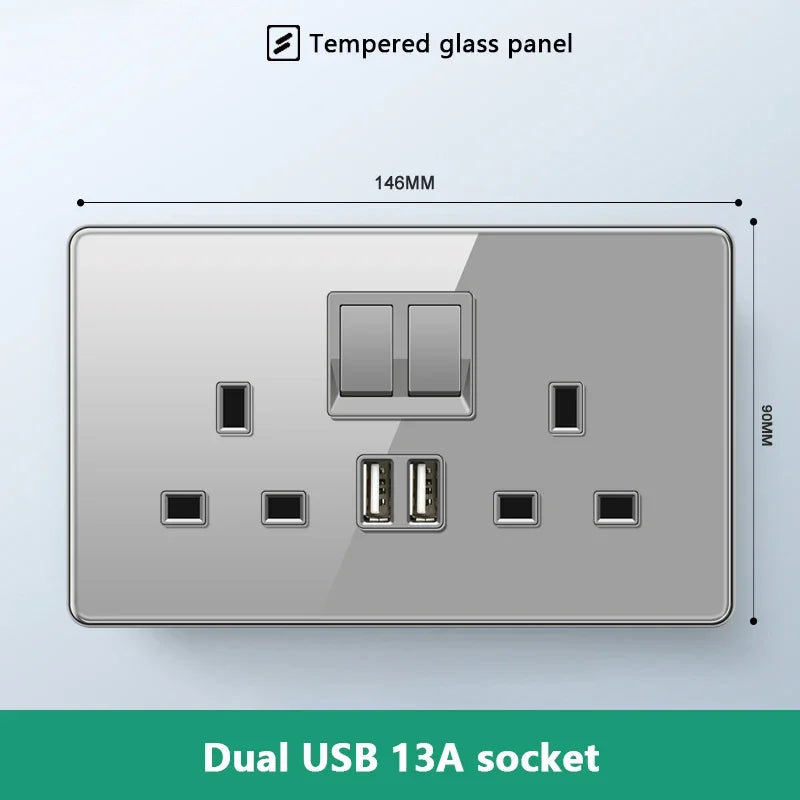 UK 13A Wall Socket with Type-C 18W Fast Charging Plug Socket,Glass Panel Power Double Universal Outlet with Quick USB C charge