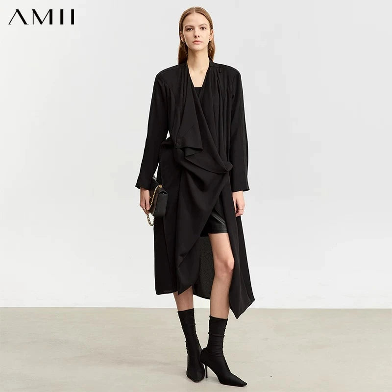អាវធំវែង AMII Chiffon សម្រាប់ស្ត្រី 2026 រដូវស្លឹកឈើជ្រុះថ្មីកអាវធម្មតាដៃវែងមិនទៀងទាត់រលុងសម្រាប់ដើរលេងខាងក្រៅ 12353071