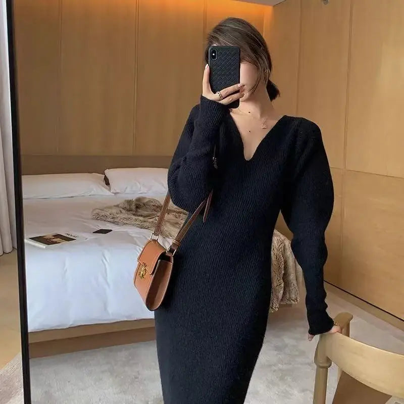 Fashion Knitting Woman Clothes Slim Middle-long Sweater Dress Bottom Wear Autumn Winter V Neck Long Sleeve Pullovers Jumper