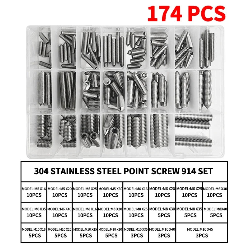 DIN914 304 -Stainless Steel Hex Socket Point Grub Screws M3 M4 M5 M6 M8 M10 Assortment Kit - High Hardness Fasteners Set