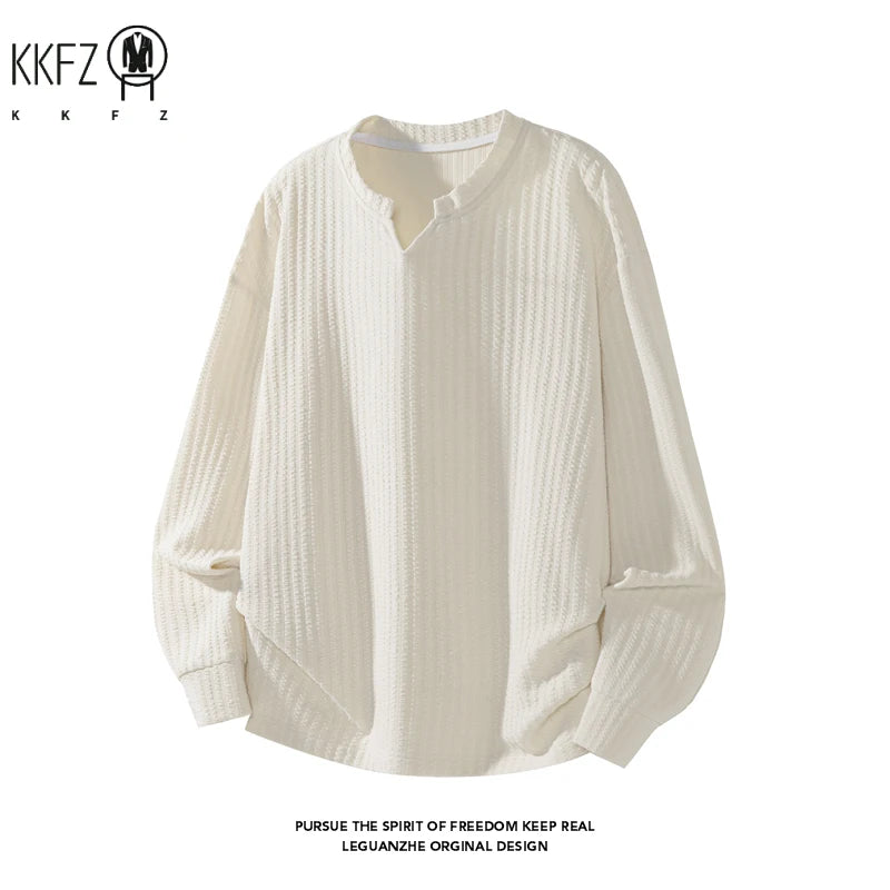 Male Trendy Vertical Weave Top Long Sleeve Notch Neck Irregular Hem Suitable For Dating Weekend Outings Street Scenes