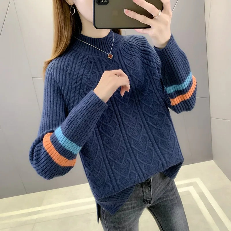 Casual Thicken Warm Pull Femme Knitwears Sueter Half High Collar Knitting Sweater For Women Autumn Winter Base Pullovers Tops