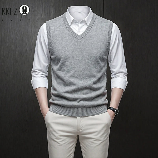 V Neck Sleeveless Plain Knit Vest For Men Soft Handfeel Knitwear Business Formal Sweater Tank Top Autumn Layering Clothes