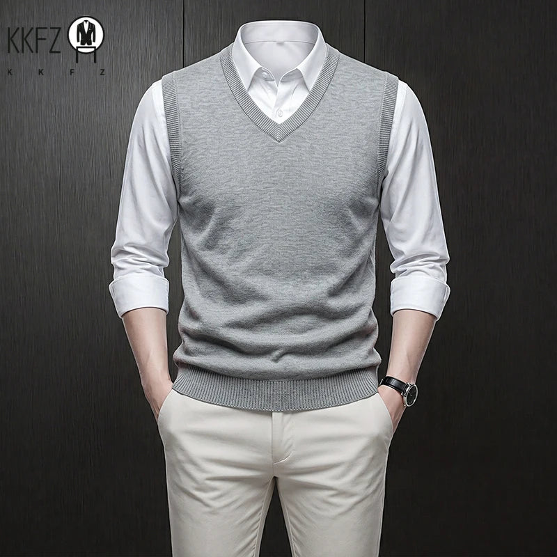 V Neck Sleeveless Plain Knit Vest For Men Soft Handfeel Knitwear Business Formal Sweater Tank Top Autumn Layering Clothes