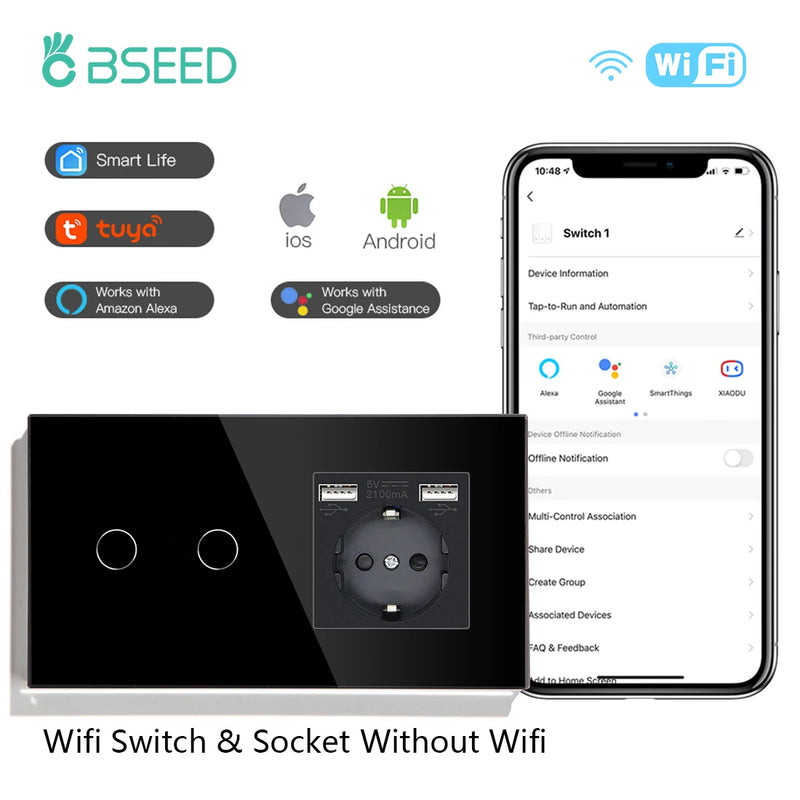 BSEED Wifi Light Switches Smart Wall Switch 1/2/3Gang 1/2/3/4Way Touch Sensor Switch With Normal Socket Support Tuya Smart Life