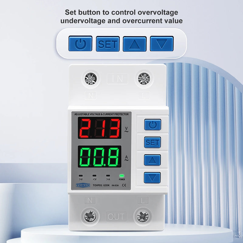 TOMZN Din Rail Adjustable Protector – Over/Under Voltage and Over Current Protection, Disconnects Both L and N AC110V/230V63A