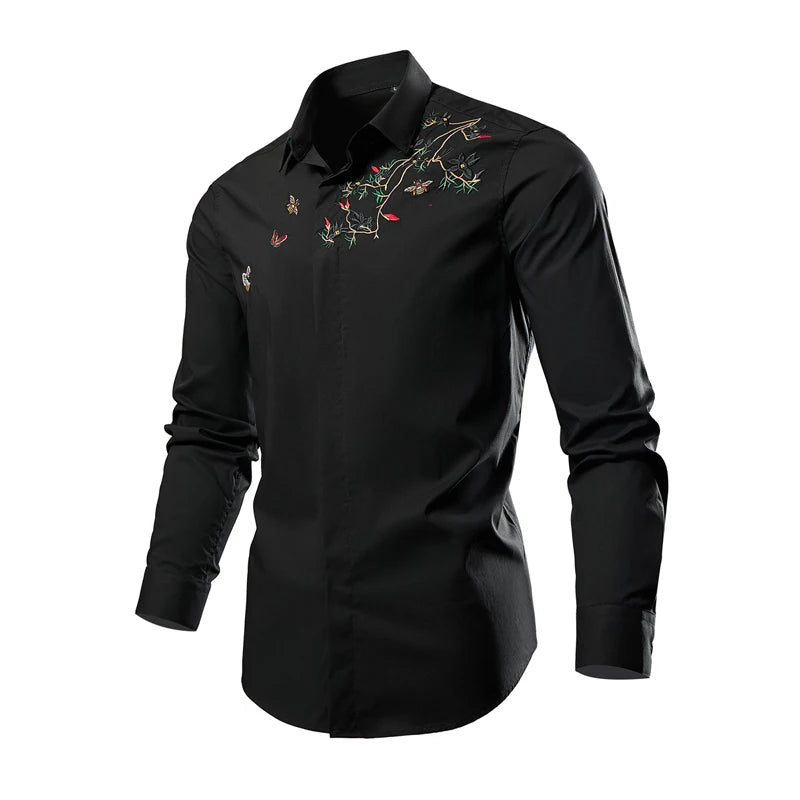 2026 New Men's Black Embroidered Long Sleeve Shirt, Black Single Breasted Lapel Casual Shirts, Asian Size M-6XL