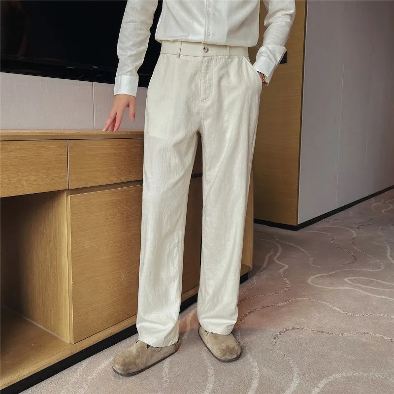Men's Tencel Linen Blend Relaxed-Fit Straight Trousers – Breathable Summer Casual Pants with Elastic Waist & Cooling Texture
