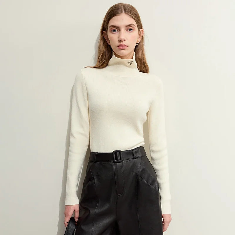 AMII Sweater Women 2026 Winter New Knitted Tops Woman Basics Slim Versatile Turtleneck Embroidery Ladies Sweater 12364007
