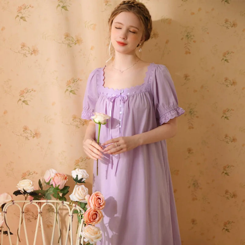 Princess Women Sleepwear One Piece Dress Summer Short Sleeve Pure Cotton Pajamas Dress Night Wear For Ladies Women's Nightgown