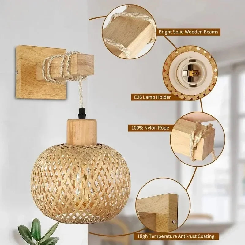 Plug-in Retro Wabi-sabi Bamboo Woven Bedside Wall Lamp Dining Room Rattan Lamp Bedroom Balcony Rural Indoor Background Wall