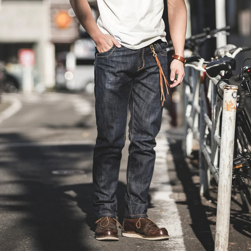 Maden Vintage 14oz Selvedge Raw Denim Jeans Horsehair Leather Patch Straight Fit Jeans Men's Spring and fall Paris Buckle Pants
