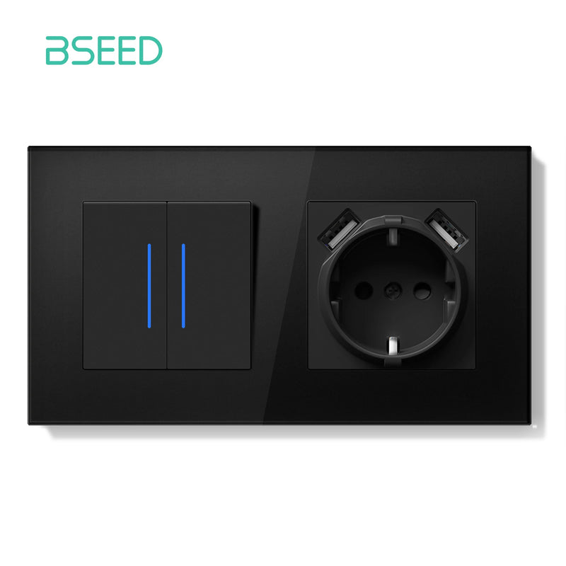 BSEED E Series Mechanical Wall Light Switch Button Switch 1/2Gang 1Way With Wall Socket Crystal Glass Panel Switch On Off 250V