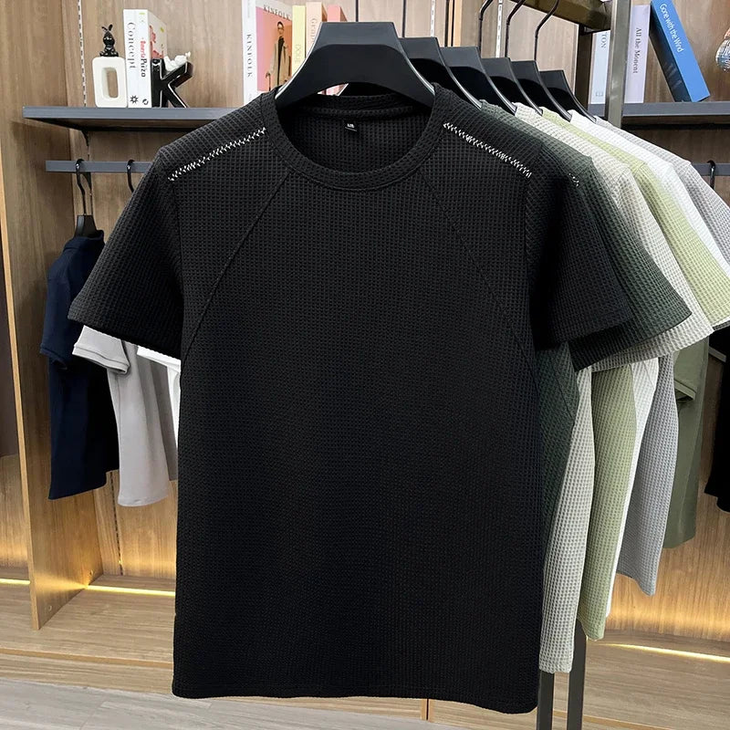 Men Waffle Knit Short Sleeve Crew Neck T Shirt Casual Lightweight Breathable Soft Top For Daily Use
