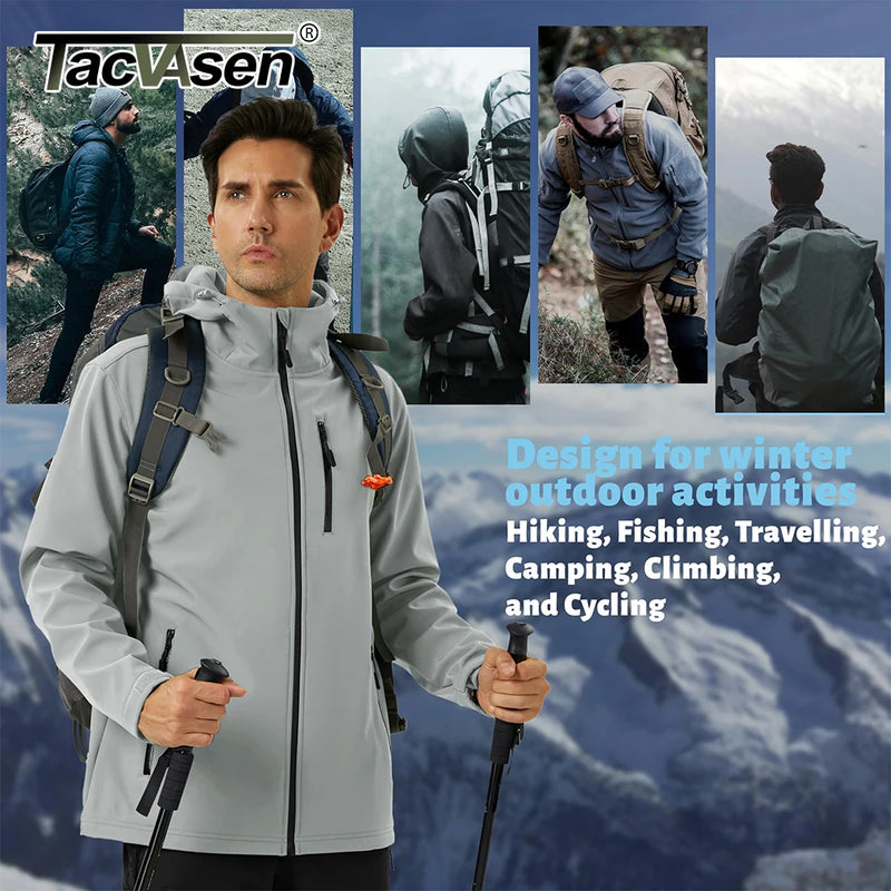 TACVASEN Hiking Outdoor Jackets Men's Hooded Fleece Lined Coats Softshell Waterproof Windpoof Outerwear Multiple Zipper Pockets