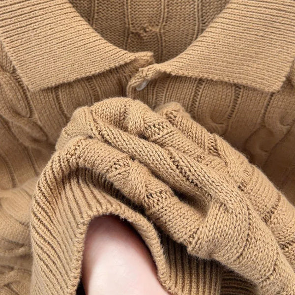 Men's Vintage Cable Knit Short Sleeve Polo Sweater 100% Cotton Retro Turn-down Collar Casual Pullover