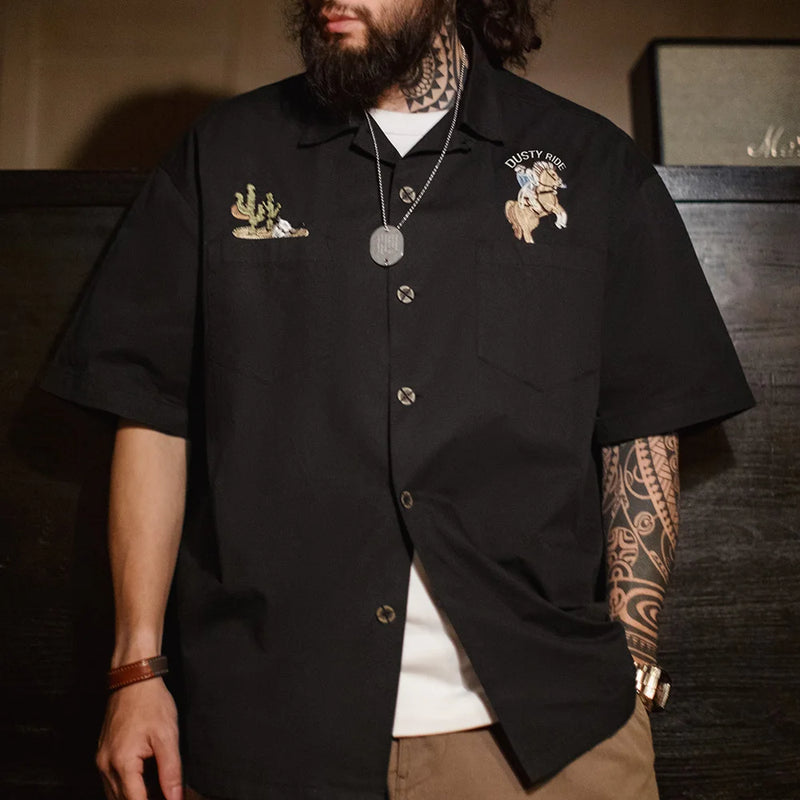 Maden Men Retro Cuban Collar Shirt Black Cotton Short Sleeve Embroidery Blouse Single-Breasted Hawaiian Aloha Shirt for Summe
