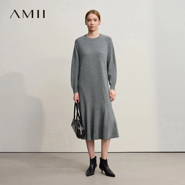 Amii Minimalist Midi Dresses 2026 Winter New Loose Elastic Long Sleeves Trumpet Skirt Casual Elegant Dresses For Woman 12544169