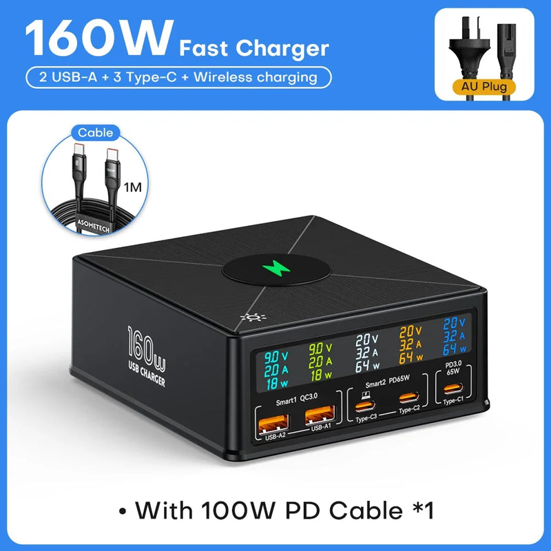 ស្ថានីយសាកថ្មឥតខ្សែ GaN USB 160W 15W អេក្រង់ LCD USB C PD 65W QC ឆ្នាំងសាកលឿនសម្រាប់ iPhone 14 Samsung Xiaomi កុំព្យូទ័រយួរដៃ