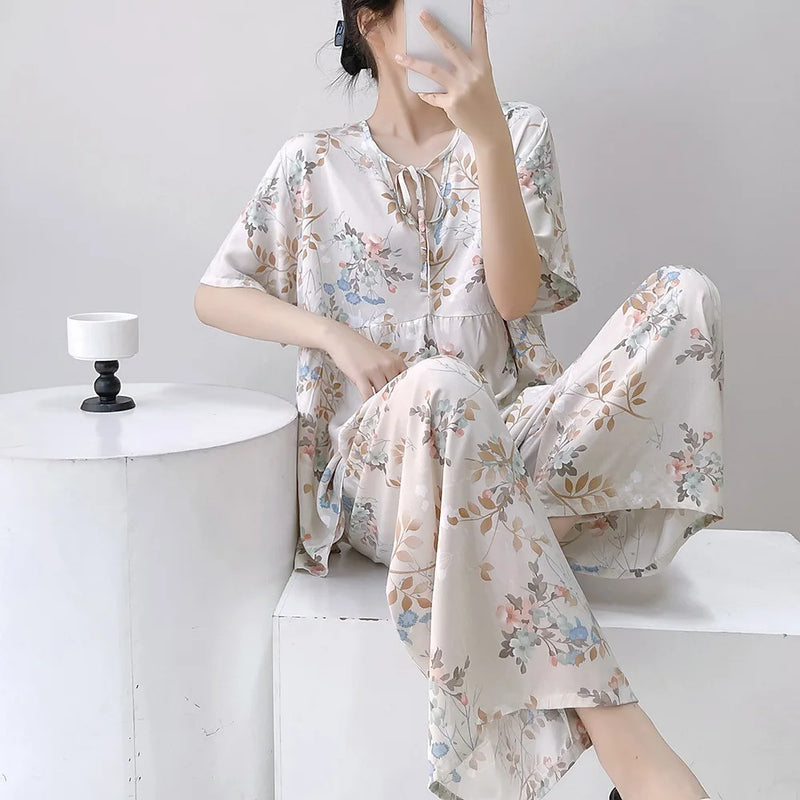 Women’s Summer Pajamas 2 Piece Sets Night Wear for Ladies Short Sleeve Sleepwear Homewear Floral Sleeping Wear for Woman Pijama