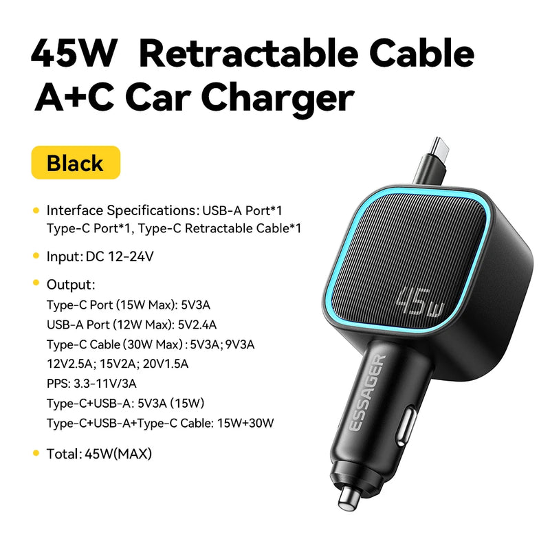 ឆ្នាំងសាករថយន្ត ESSAGER 45W ជាមួយខ្សែរ 75CM អាចដកថយបាន PD សាកថ្មលឿន 3 រន្ធ USB C & A សម្រាប់ iPhone 17 16 15 Huawei iPad