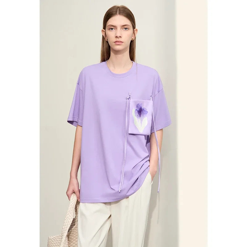 Amii Minimalism T-shirt Women's 2026 Summer Knit Casual Print Pockets Short-sleeve Cotton Loose Tee Elastic O-Neck Tops 12442008