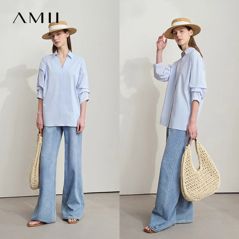 អាវ AMII រដូវក្តៅធម្មតាសម្រាប់ស្ត្រីឆ្នាំ ២០២៥ ក V ដៃអាវបីភាគបួន អាវស្ត្រីថ្មី អាវ chiffon រលុងសម្រាប់ស្ត្រីទាន់សម័យ 12512034