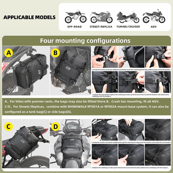 Rhinowalk កាបូបសម្រាប់ទប់ការប៉ះទង្គិចម៉ូតូ 2 ដុំ ធន់នឹងទឹក 100% កាបូបសម្រាប់ដាក់កាងម៉ូតូស្ងួត 6 លីត្រ កាបូបដាក់ឧបករណ៍ រដូវក្ដៅ