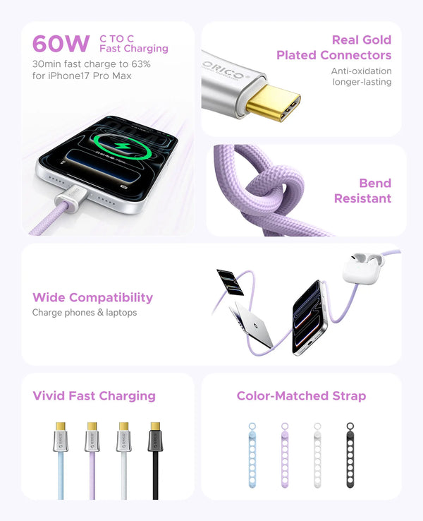 ORICO Aura Charge PD 60W USB Type C To USB C Cable PD 3.0 Fast Charging Charger Wire For Macbook Pro iPad Samsung